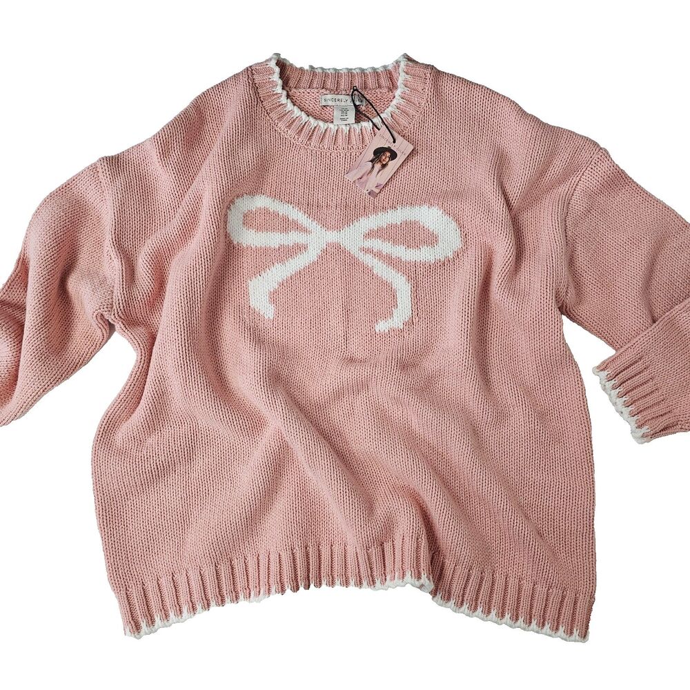 Sincerely Jules Pink Bow Sweater Women's Medium Oversized Chunky Knit NWT